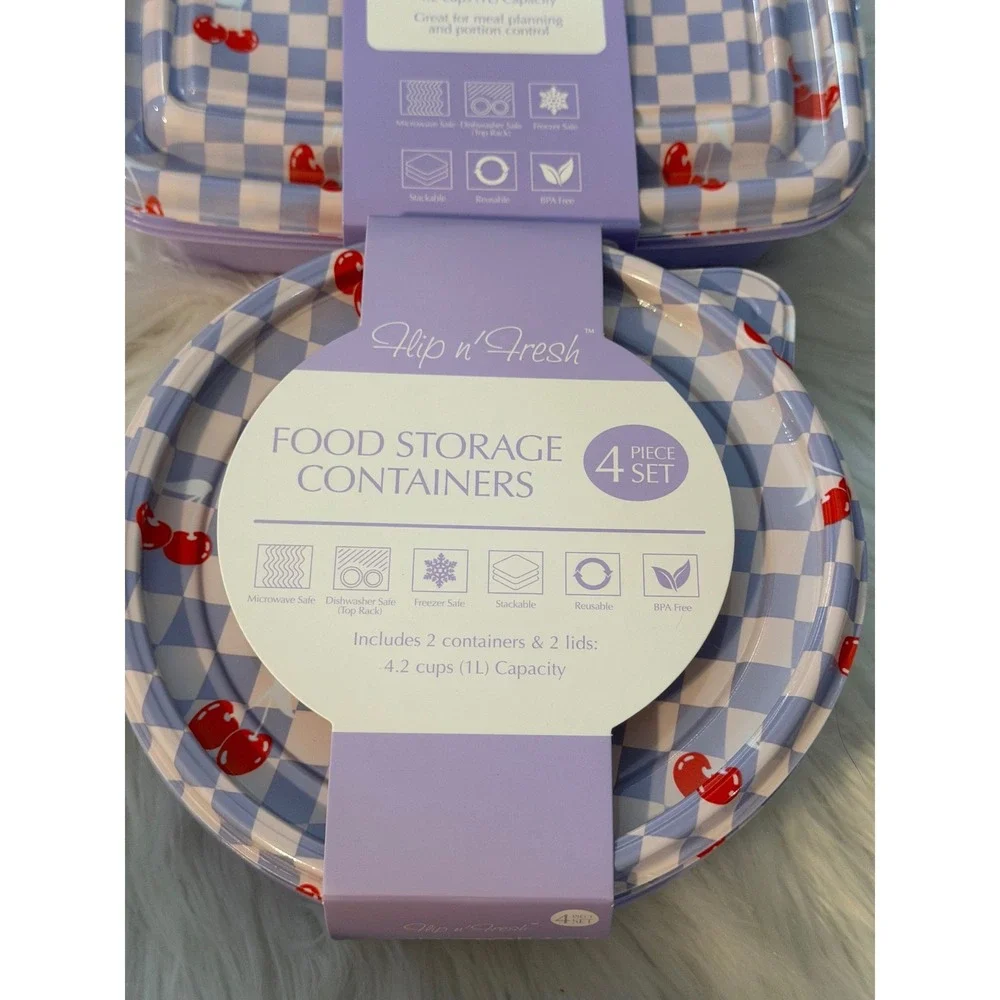 Gossi Flip n Fresh Food Storage Containers 4pc Set Blue Checkered Cherry Pattern